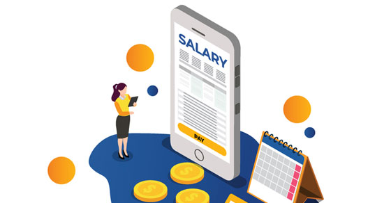 image of cell phone, person, and calendar with the word salary