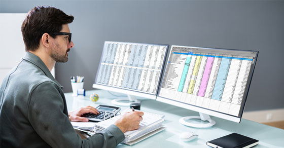 man at computer with spreadsheets on screen