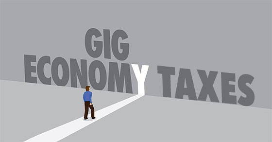 person standing by the words gig, economy, and taxes