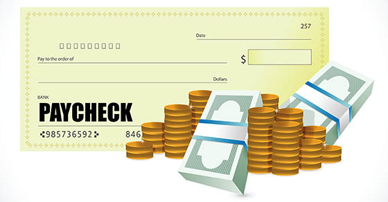 image of check, dollar bills and coins