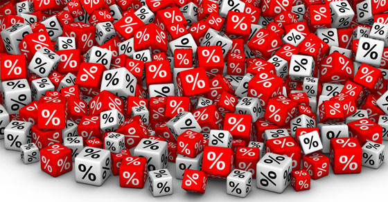 red and white dice with percentage signs