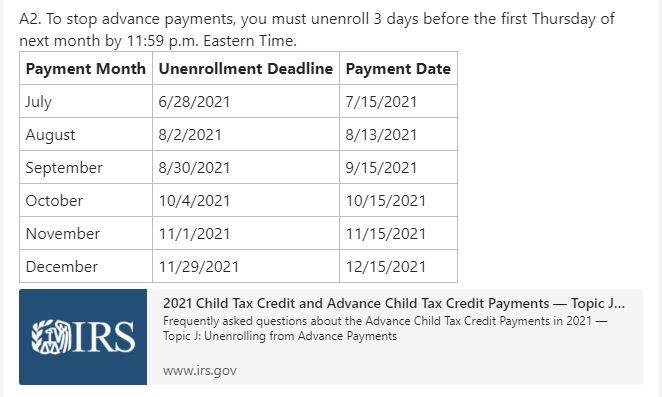 image of child tax credit payment chart