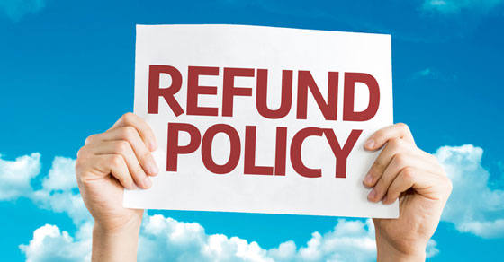 image of hands holding sign with text refund policy